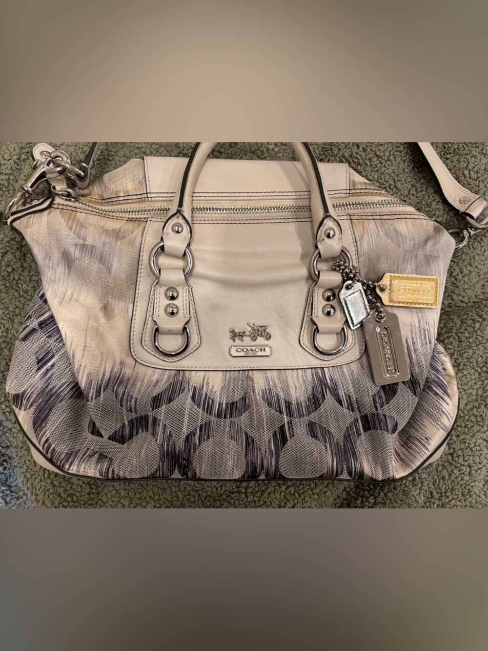 Coach Madison Op Art kat Sabrina Satchel Signature Tote Monogram Canvas Silver - Picture 2 of 10